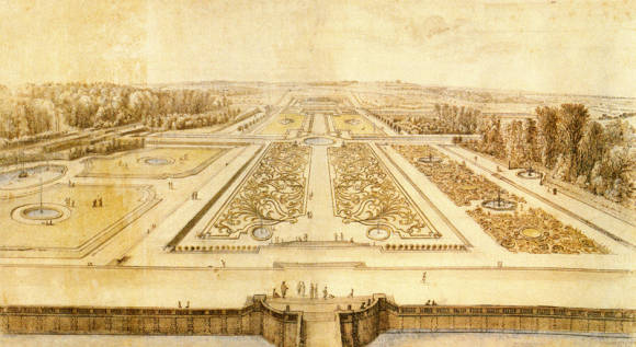 Израэль Сильвестр. Вид сада от дворца. (В центре – партер-бродери, справа – партер Корона, слева – цветочный партер).
